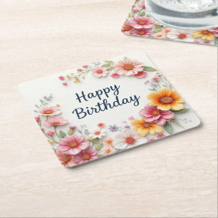 Happy Birthday Elegant Floral Wreath Square Paper Coaster