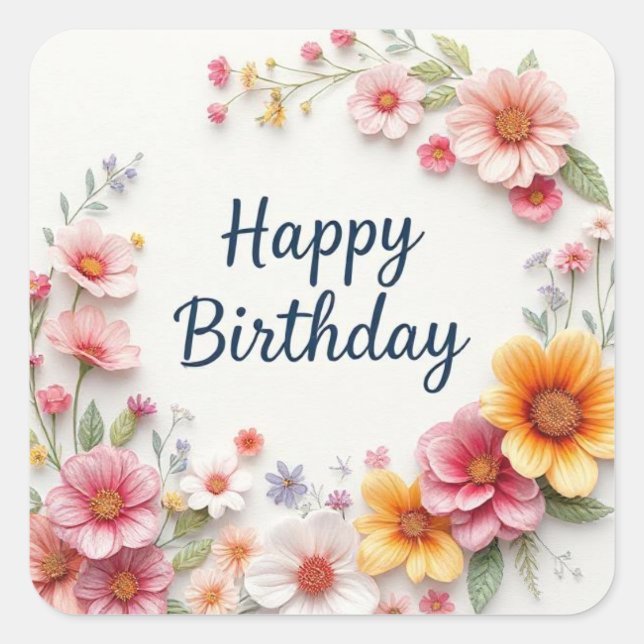 Happy Birthday Elegant Floral Wreath Square Sticker (Front)