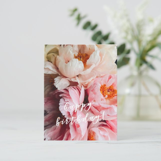 Happy Birthday! Elegant Pink and Blush Peonies Postcard (Standing Front)