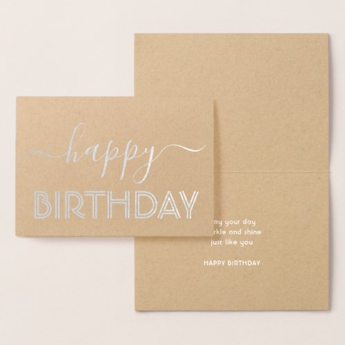 Happy Birthday Elegant Script Kraft  Silver Real Foil Card