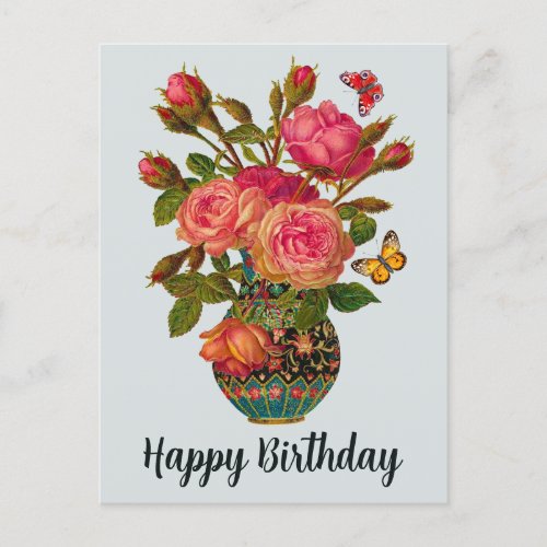 Happy Birthday Elegant Victorian Roses in the Vase Postcard