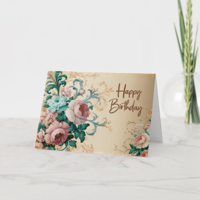 Happy Birthday Elegant Vintage Roses  Card (Front)
