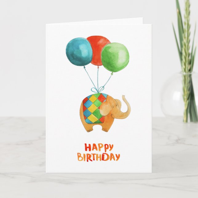 Happy Birthday Elephant & Balloons  Blank Inside Card (Front)