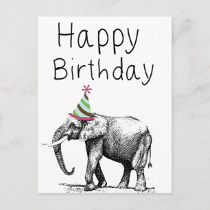 Happy Birthday Elephant In Hat, Celebration Invitation Postcard