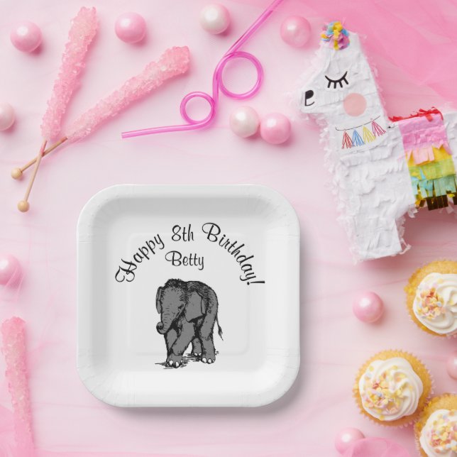 Happy Birthday Elephant Year Name Paper Plates (Party)