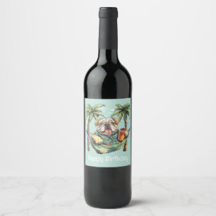 Happy Birthday English Bulldog In Hawaiian Top Wine Label