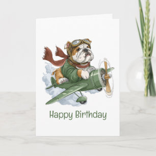 Happy Birthday English Bulldog Pilot Airplane Card