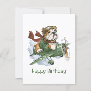 Happy Birthday English Bulldog Pilot Airplane Postcard