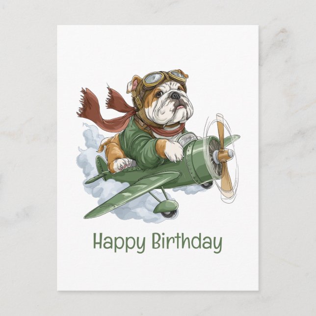 Happy Birthday English Bulldog Pilot Airplane Postcard (Front)