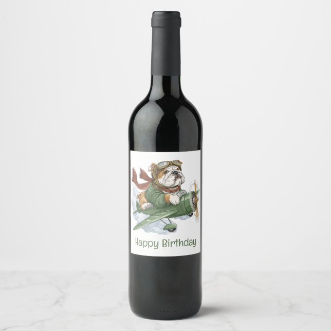 Happy Birthday English Bulldog Pilot Airplane Wine Label (Front)