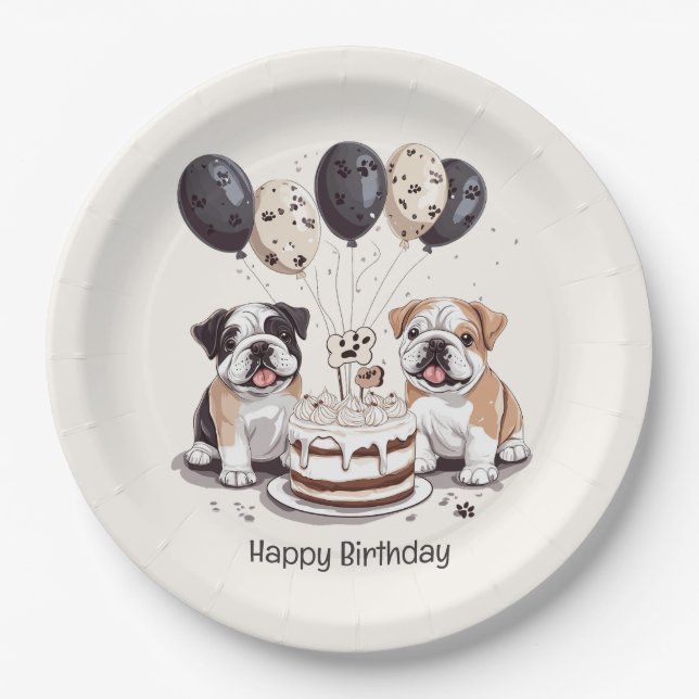 Happy Birthday English Bulldogs Paper Plates (Front)