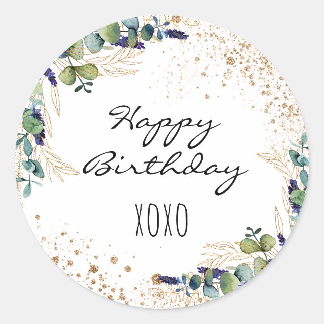 Happy Birthday eucalyptus greenery glitter hugs Classic Round Sticker (Front)