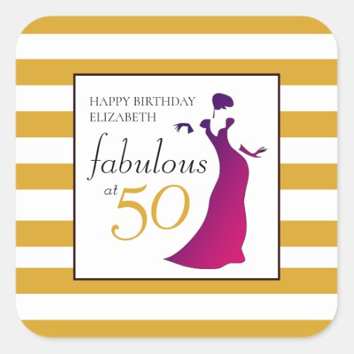 Happy Birthday Fabulous At 50 Gold Pink Square Sticker