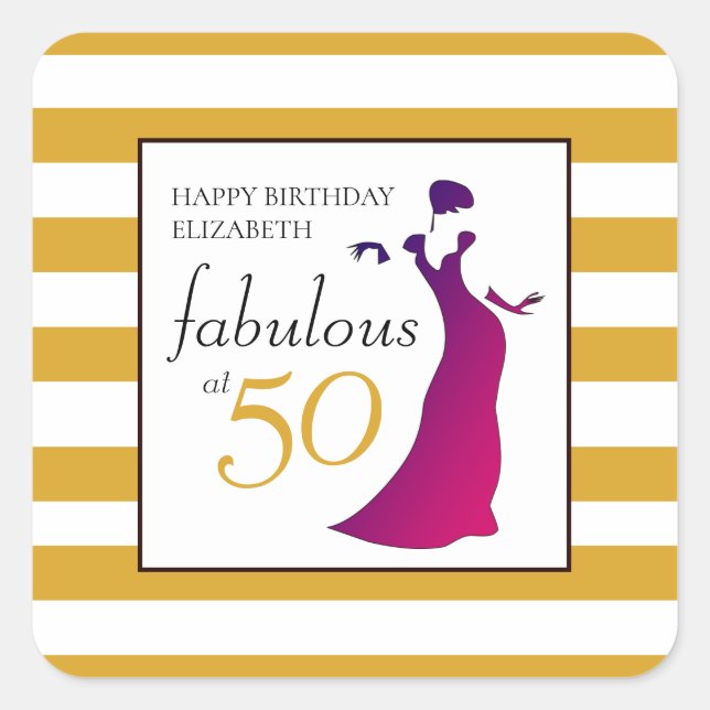 Happy Birthday Fabulous At 50 Gold Pink Square Sticker (Front)