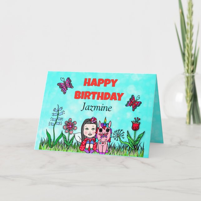 Happy Birthday Fairy and Unicorn Personalized Card (Front)