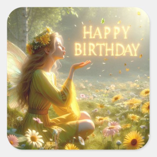 Happy Birthday Fairy Fantasy Magic Square Sticker