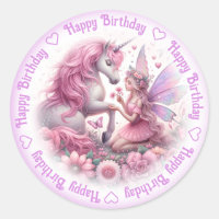 Happy Birthday Fairy & Unicorn Classic Round Sticker