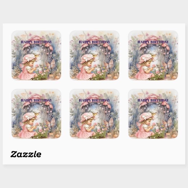 Happy Birthday Fairy Vintage Girl Square Sticker (Sheet)