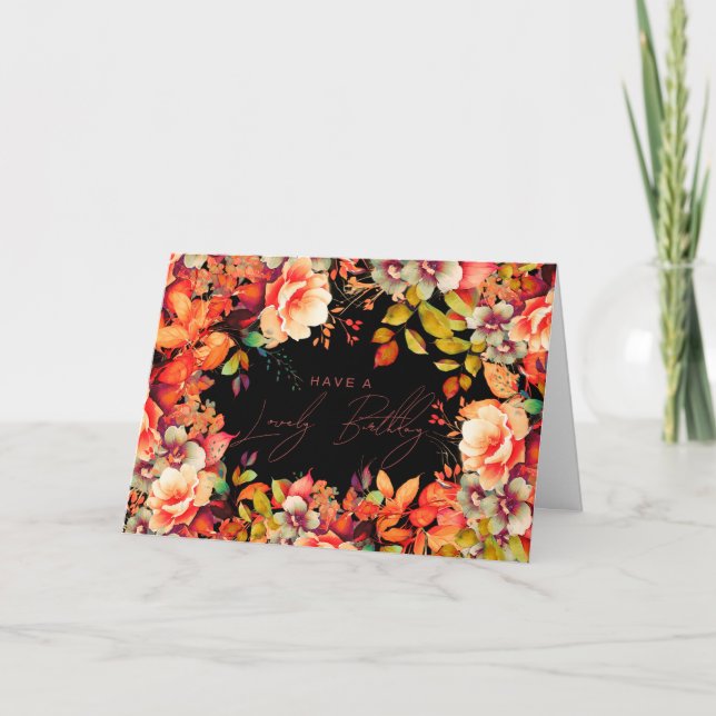 Happy Birthday Fall Autumn Garden Floral Black  Card (Front)