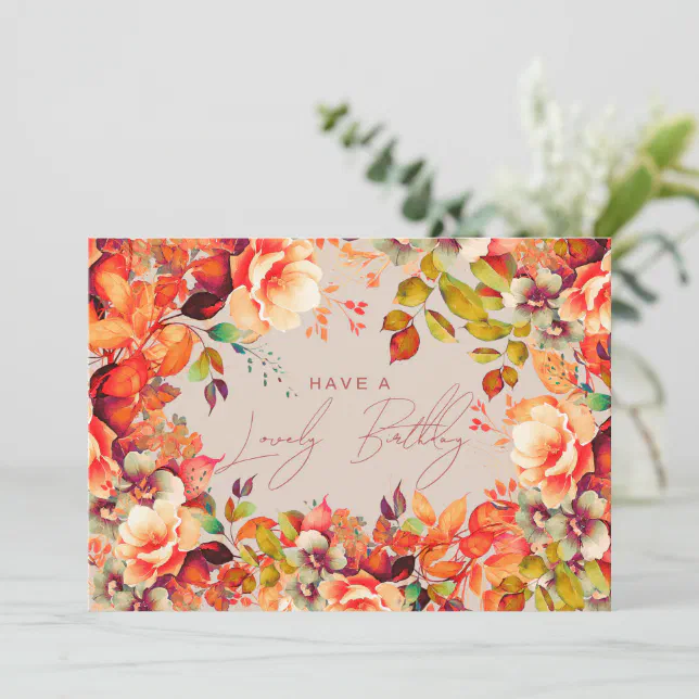 Happy Birthday Fall Autumn Garden Floral Champagne Card | Zazzle
