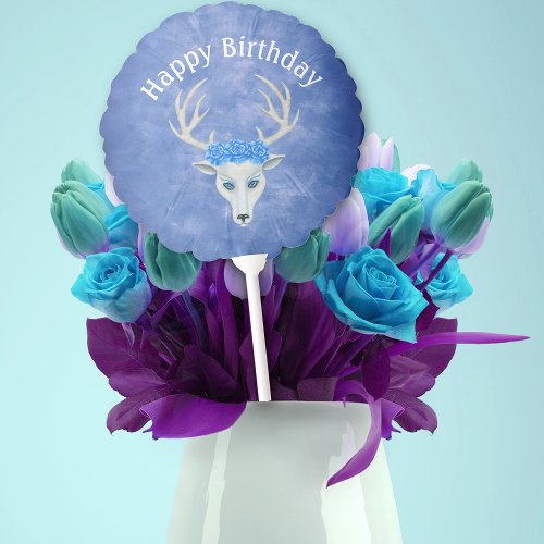 Happy Birthday Fantasy White Deer Head Roses Blue Balloon