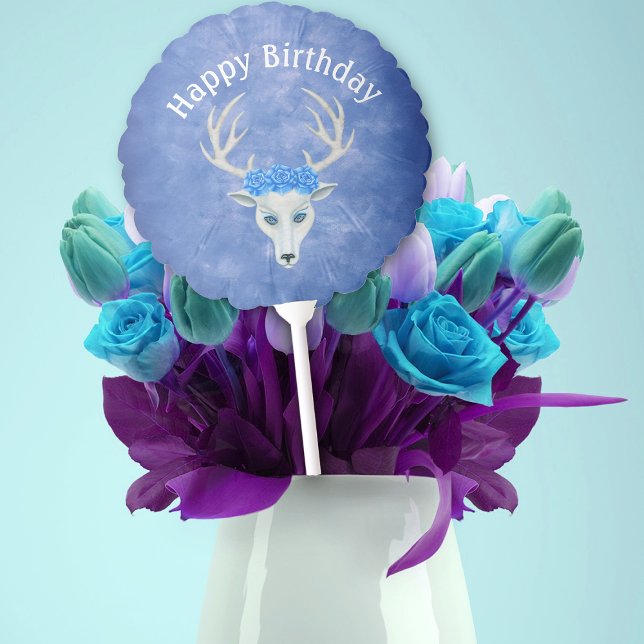 Happy Birthday Fantasy White Deer Head Roses Blue Balloon (Fantasy white deer head antlers blue roses on Happy Birthday blue mylar balloon.)