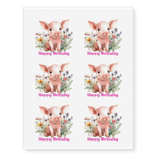 Happy Birthday Farm Pig Temporary Tattoos