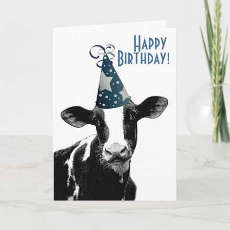Happy Birthday Farmer - Party Hat Cow Card