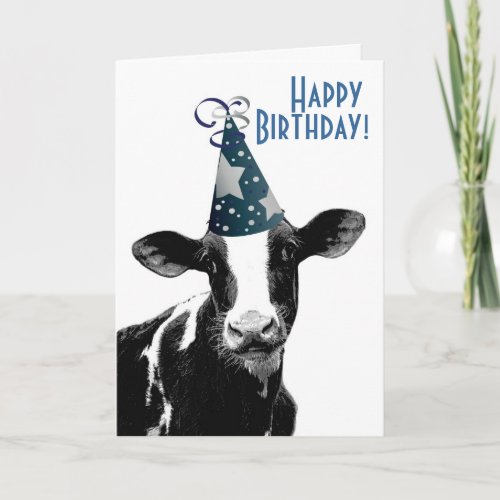 Happy Birthday Farmer _ Party Hat Cow Card