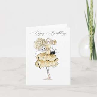 Happy Birthday Fashion Illustration in Gold Thank You Card