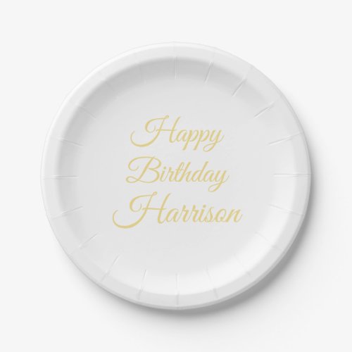 Happy Birthday faux gold custom script name Paper Plates