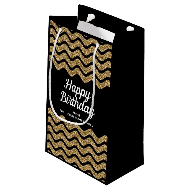 Happy Birthday Faux Gold Glitter Black Stripes Small Gift Bag (Back Angled)