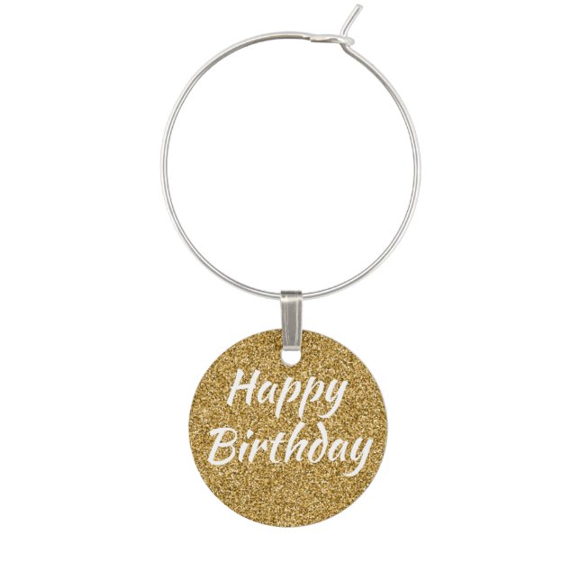 Happy Birthday Faux Gold Glitter Wine Charm (Front)