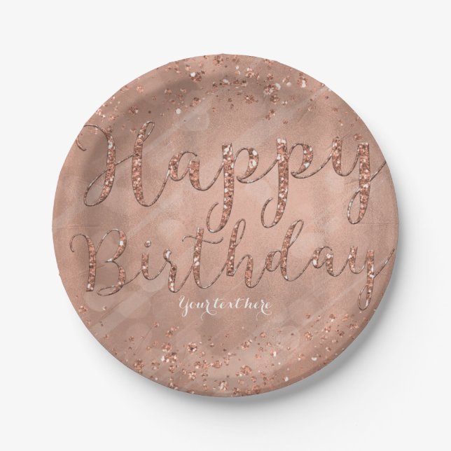 Happy Birthday Faux Rose Gold Glitter Glam Party Paper Plates (Front)
