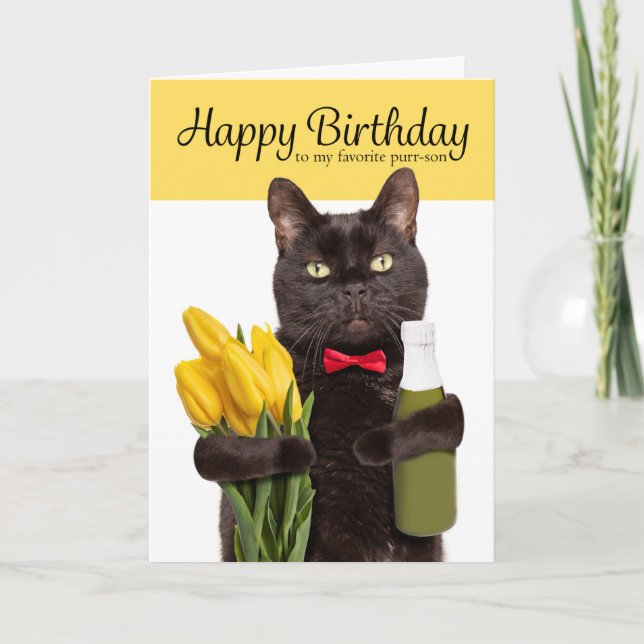 Happy Birthday Favorite PURRson Cat with Gifts Hol Holiday Card (Front)