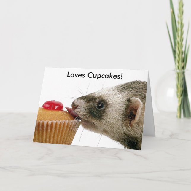 Happy Birthday Ferret Loves Cupcakes Card (Front)