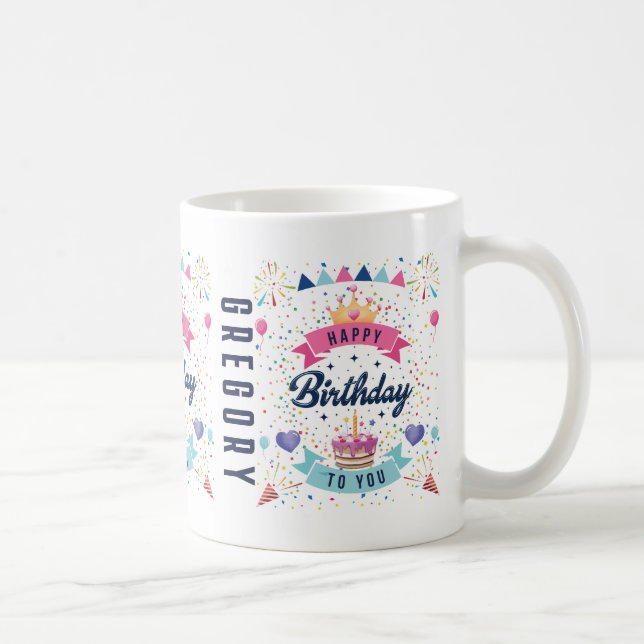Happy Birthday Festiver Graphic Custom Name Coffee Mug (Right)