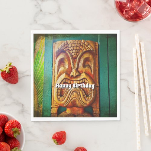 Happy birthday fierce vintage retro wood tiki face napkins