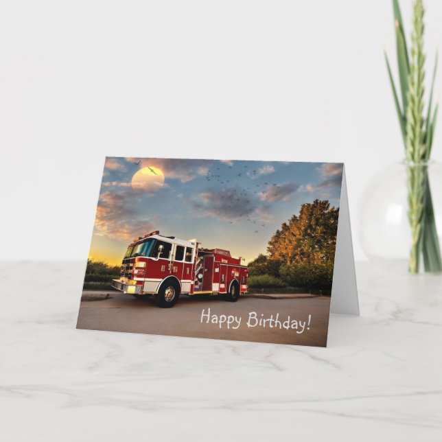 Happy Birthday Fire Engine Letterpress Thank You Card (Front)