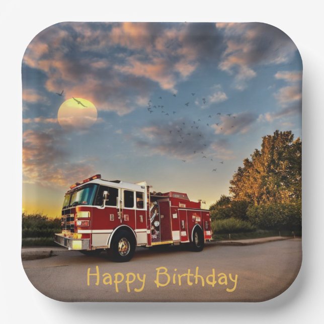 Happy Birthday Fire Truck Paper Plates (Front)