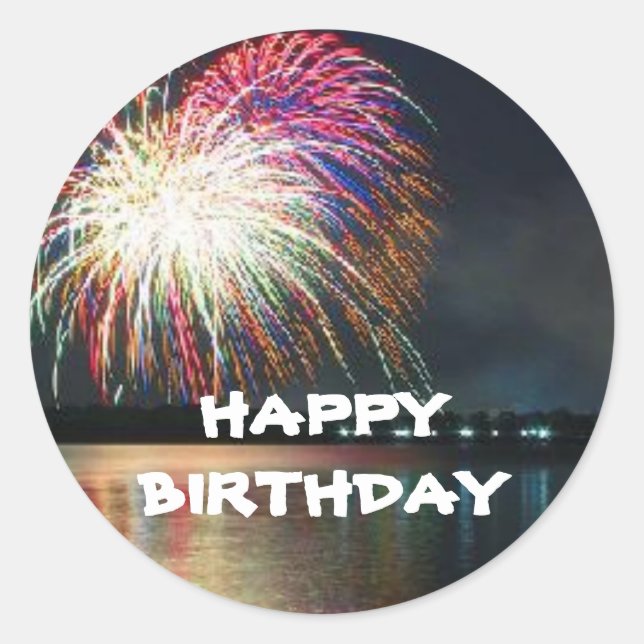 HAPPY BIRTHDAY Fireworks at the Lake Celebration Classic Round Sticker (Front)