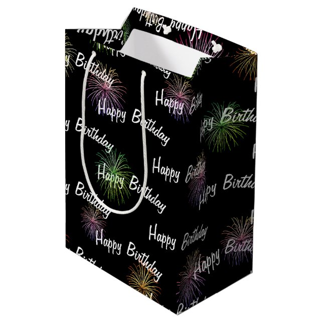 Happy Birthday fireworks on black Medium Gift Bag (Back Angled)
