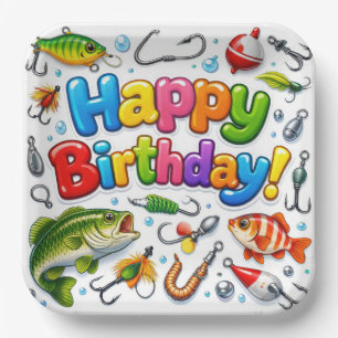 Happy Birthday Fish, Lures and Hooks Paper Plates