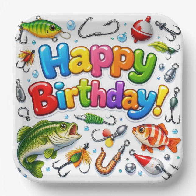 Happy Birthday Fish, Lures and Hooks Paper Plates (Front)