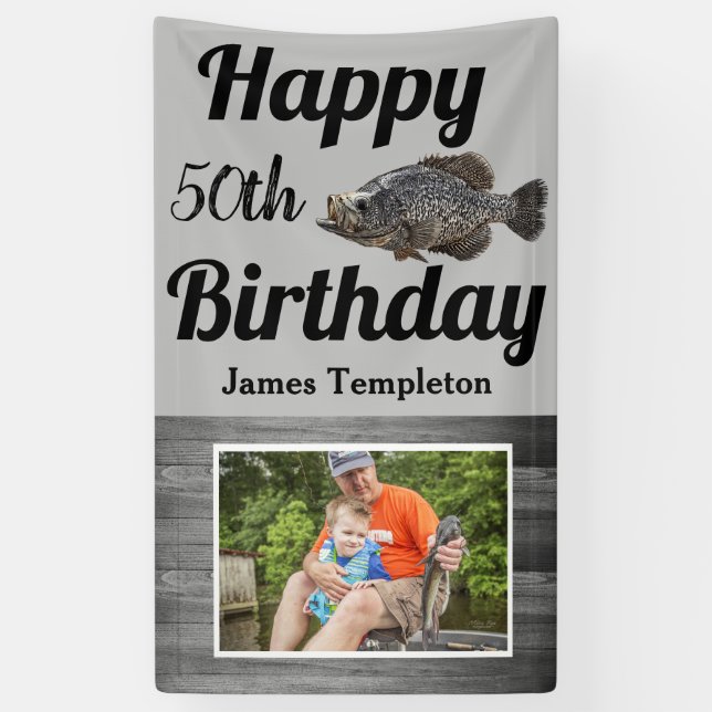 Happy Birthday Fishing Photo Name Father Crappie Banner (Vertical)