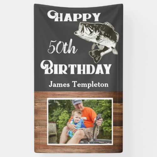 Happy Birthday Fishing Photo Name Father Mens Banner