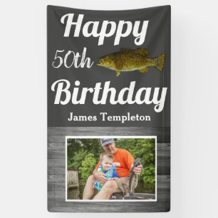 Happy Birthday Fishing Photo Name Father Men's Banner