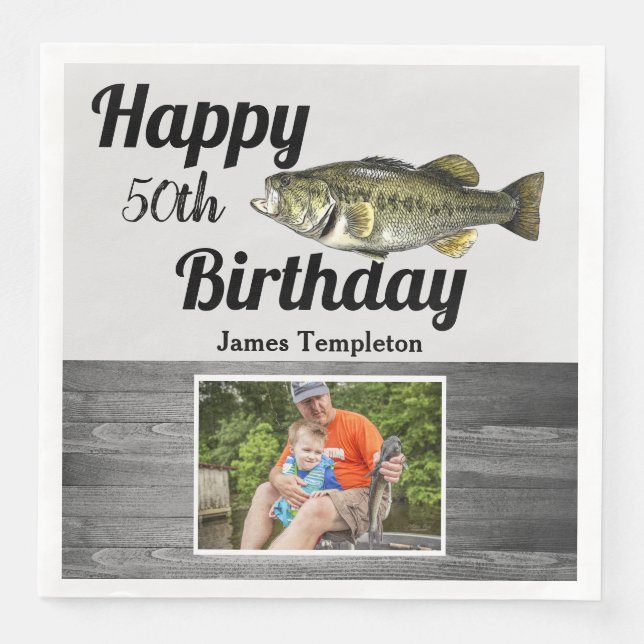 Happy Birthday Fishing Photo Name Father Men's Nap Paper Dinner Napkins (Front)