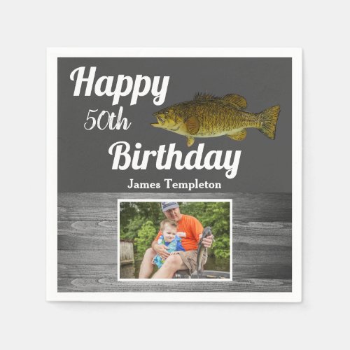Happy Birthday Fishing Photo Name Father Mens Napkins