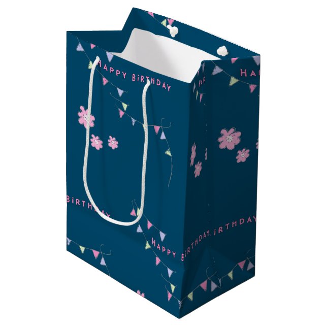 Happy Birthday Flags and Flowers Pattern Medium Gift Bag (Front Angled)